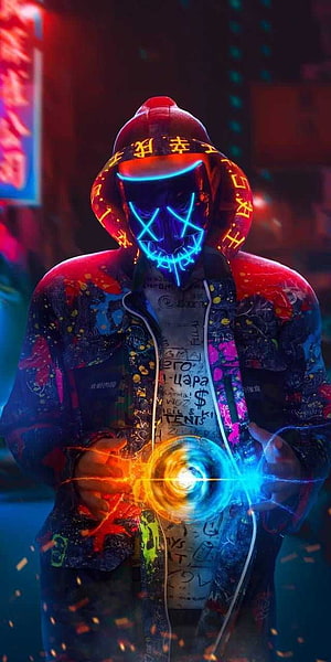 Cyberpunk Hacker with Glowing Neon Mask and Energy Orb in Dark Urban Setting HD phone wallpaper