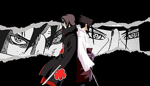 Itachi and Sasuke Uchiha Standing Back to Back in Akatsuki and White Robes HD wallpaper