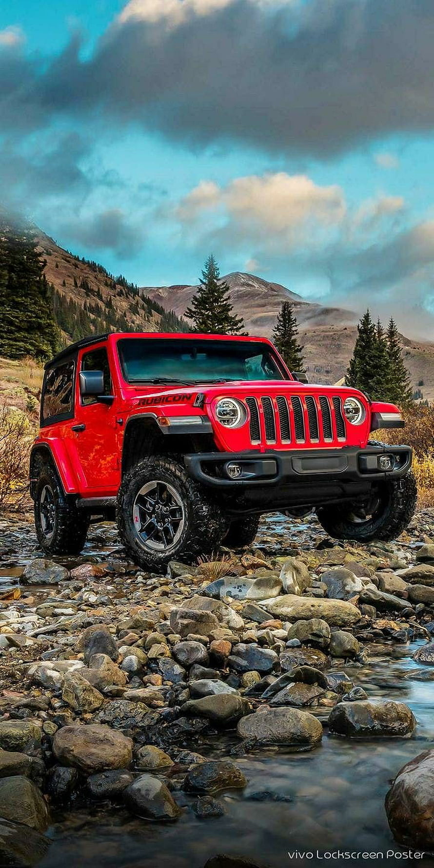 Red Jeep Wrangler Rubicon Off-Road Adventure in Rocky Mountain Stream HD phone wallpaper