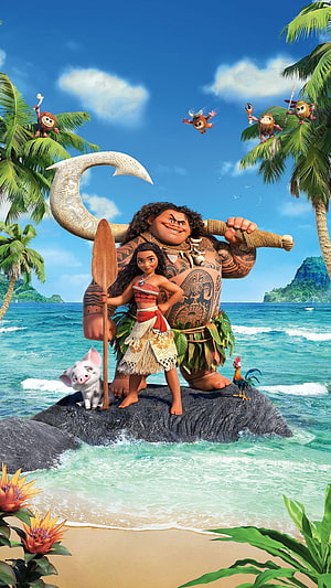 Moana and Maui standing on a tropical island rock with Pua and Heihei HD phone wallpaper