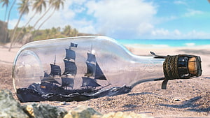 Black Pearl Ship in a Bottle on Tropical Beach with Palm Trees and Ocean HD wallpaper