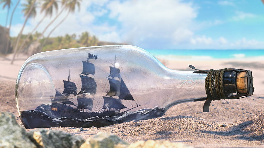 Black Pearl Ship in a Bottle on Tropical Beach with Palm Trees and Ocean HD wallpaper