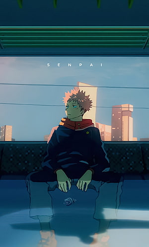 Itadori Yuji from Jujutsu Kaisen Sitting Alone in a Train Car with a Melancholic City Skyline HD phone wallpaper