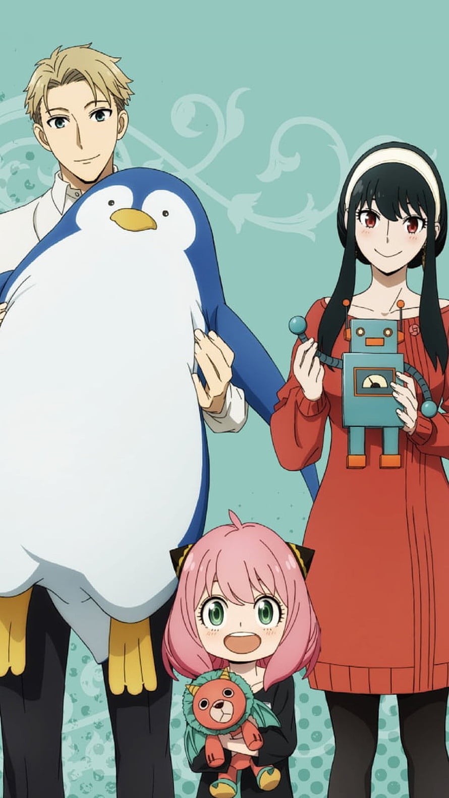 Spy x Family anime cast featuring Loid, Yor, and Anya with their companions in a cheerful group portrait HD phone wallpaper