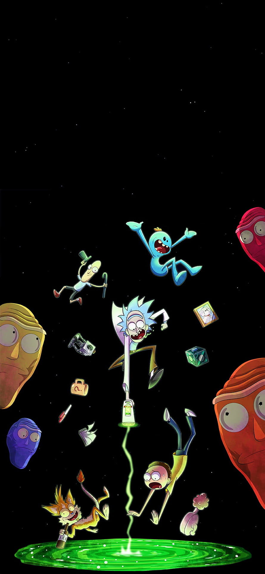 Rick and Morty Characters Floating in Space Above Green Portal HD phone wallpaper
