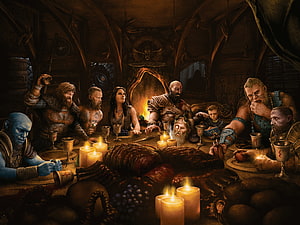 God of War 2018: Kratos and Freya Share a Candlelit Feast in the Norse Longhouse HD wallpaper