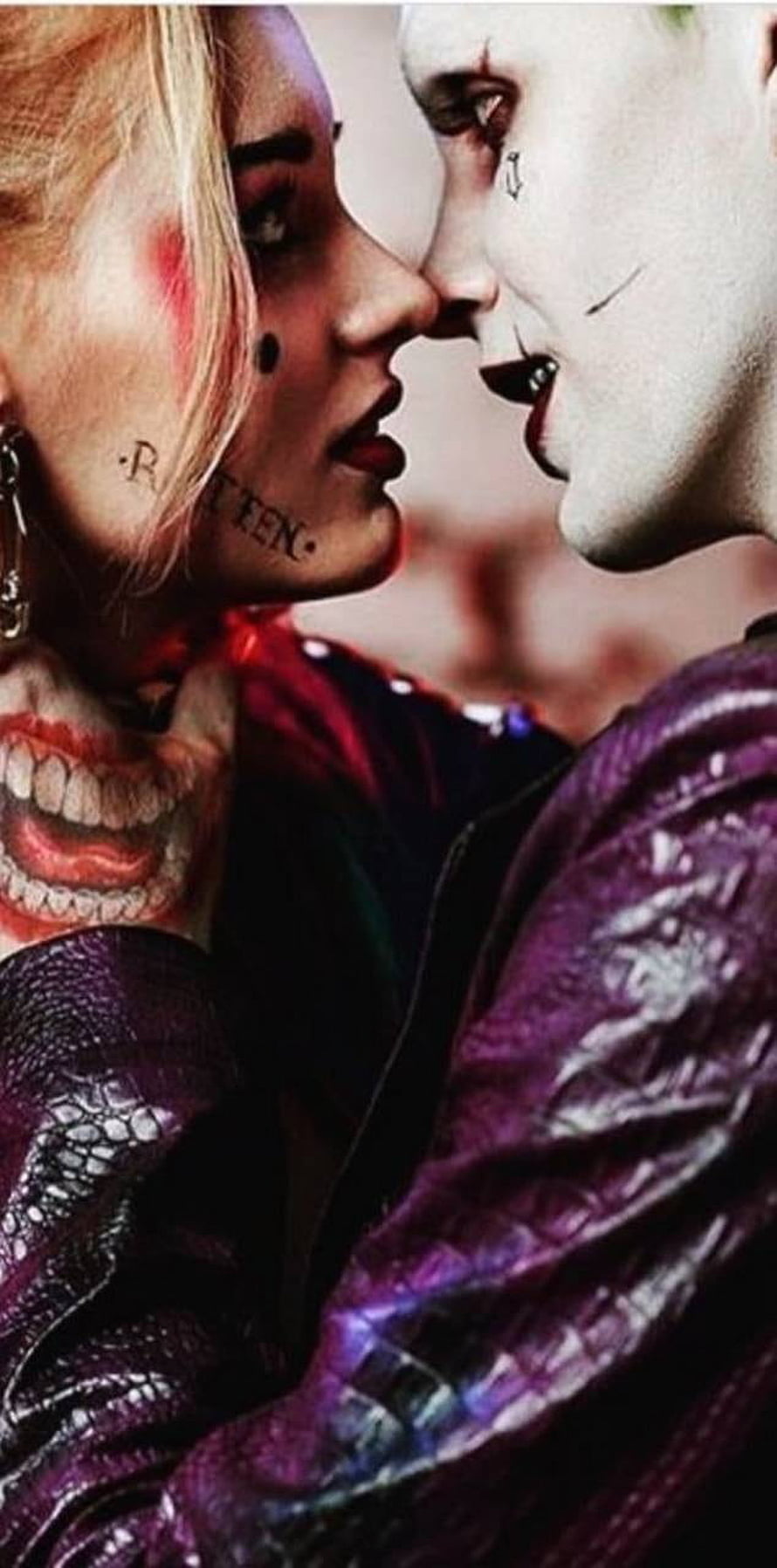 Harley Quinn and The Joker Intimate Profile Portrait in Purple Leather Jacket HD phone wallpaper