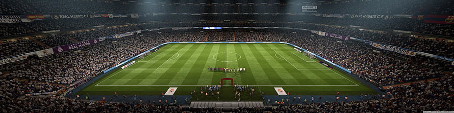 Santiago Bernabeu Stadium Wide Panorama with Real Madrid and FC Barcelona Match Atmosphere HD wallpaper