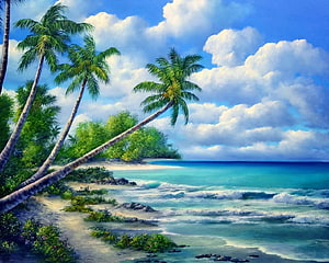 Vibrant tropical beach painting with leaning palm trees, turquoise ocean waves, and a bright blue sky with fluffy clouds HD wallpaper