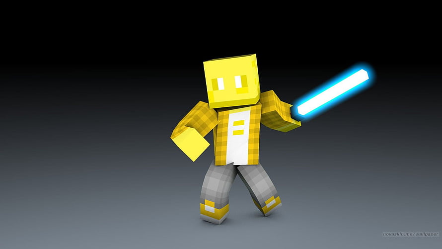 Minecraft Steve Skin Holding a Blue Lightsaber on a Dark Gradient Background HD wallpaper