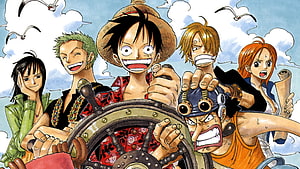 One Piece Straw Hat Pirates at the Helm of the Thousand Sunny HD wallpaper