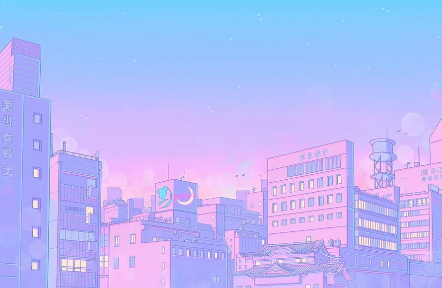 Pastel Anime Cityscape at Dusk with Soft Pink and Blue Sky HD wallpaper
