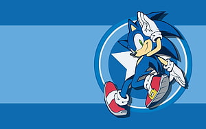 Sonic the Hedgehog Saluting in Front of a Blue Star Emblem on a Gradient Background HD wallpaper