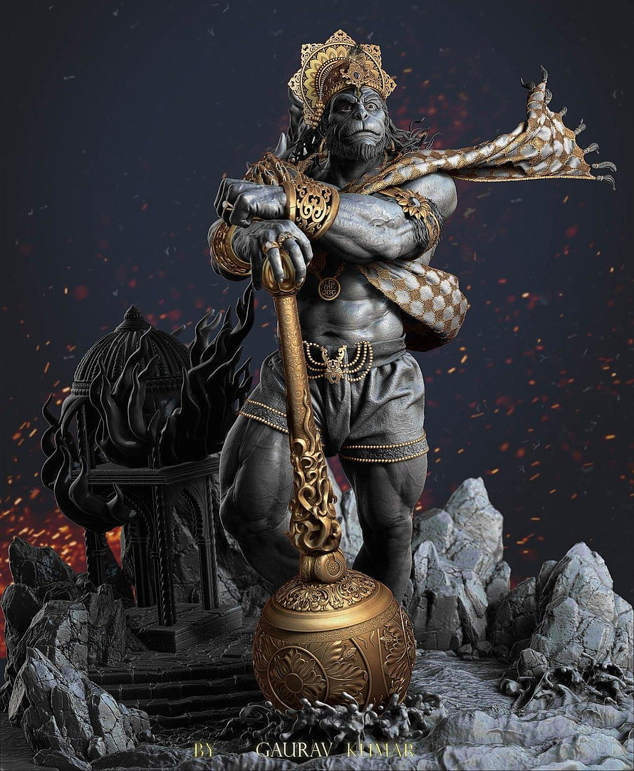 Hanuman Bodybuilder Statue with Golden Mace and Ornate Crown, Hanuman Body Builder, Hanuman Full HD phone wallpaper
