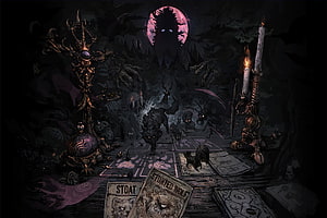 Inscryption Dark Forest Card Game Scene With Shadowy Creatures And Moonlit Atmosphere HD wallpaper