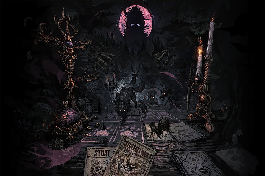 Inscryption Dark Forest Card Game Scene With Shadowy Creatures And Moonlit Atmosphere HD wallpaper