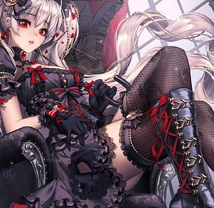 Gothic Lolita Anime Girl in Black Dress with Red Accents and Lace Boots HD wallpaper