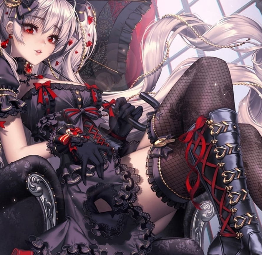 Gothic Lolita Anime Girl in Black Dress with Red Accents and Lace Boots HD wallpaper