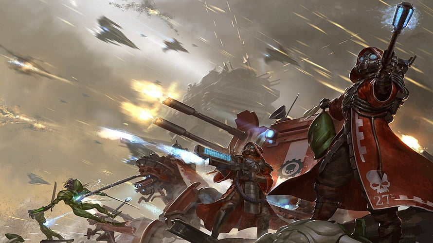 Adeptus Mechanicus Warhammer 40,000 Battle Scene with Red Robes and Heavy Artillery HD wallpaper