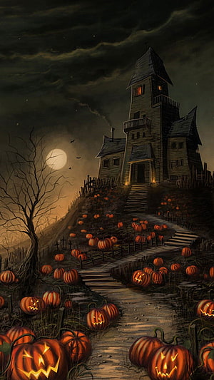 Spooky Halloween Haunted House with Glowing Jack-o'-Lanterns Under a Full Moon HD phone wallpaper