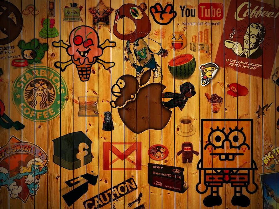 Wooden Wall Collage of Pop Culture Logos and Cartoon Characters HD wallpaper