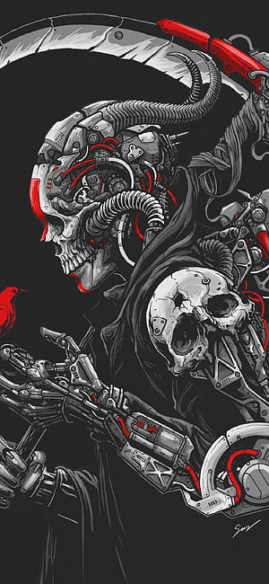 Cyberpunk Grim Reaper Skull with Mechanical Armor and Red Accents HD phone wallpaper