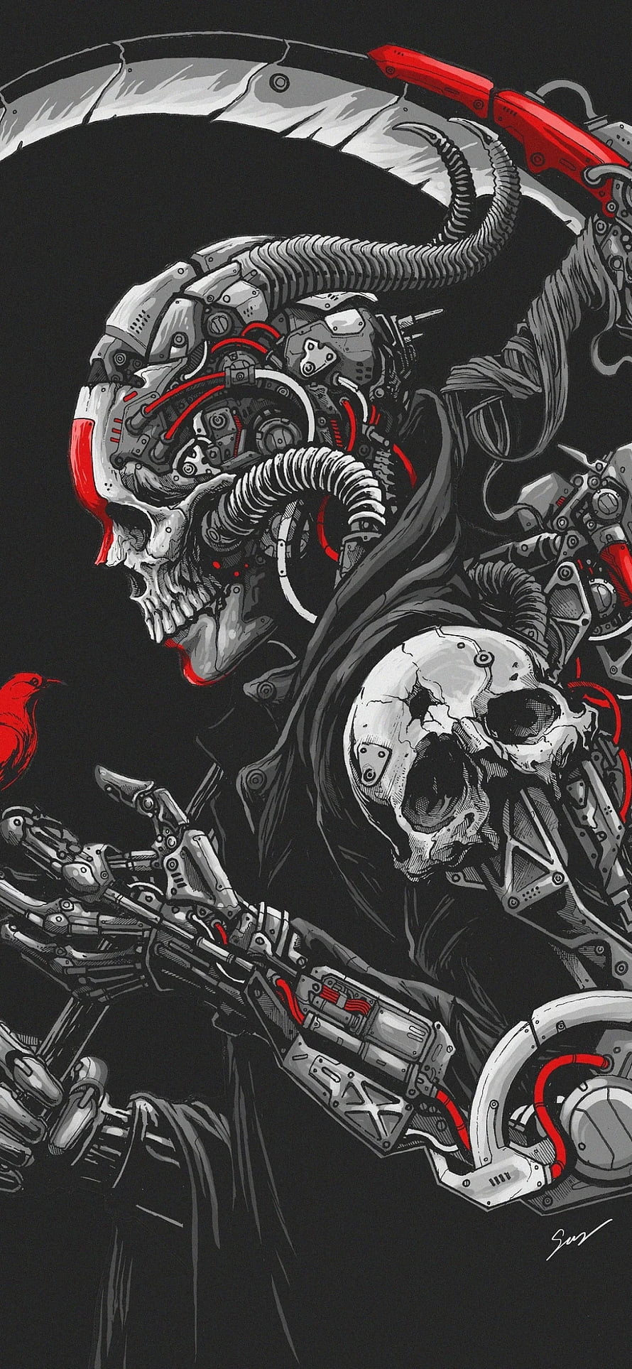 Cyberpunk Grim Reaper Skull with Mechanical Armor and Red Accents HD phone wallpaper