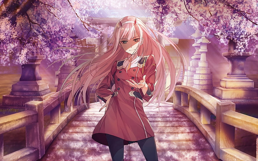 Zero Two in Red Uniform on Stone Bridge Under Cherry Blossoms HD wallpaper