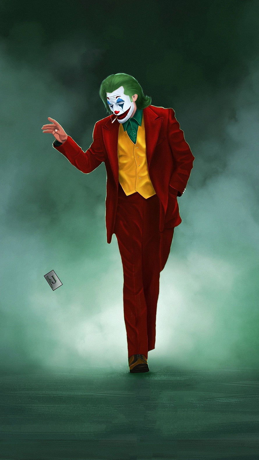 Joker in Red Suit Walking Through Mist with Playing Card and Cigarette HD phone wallpaper