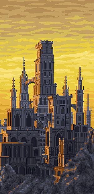 Dark Souls 2 Castle Pixel Art Wallpaper with Golden Sky and Gothic Architecture HD phone wallpaper