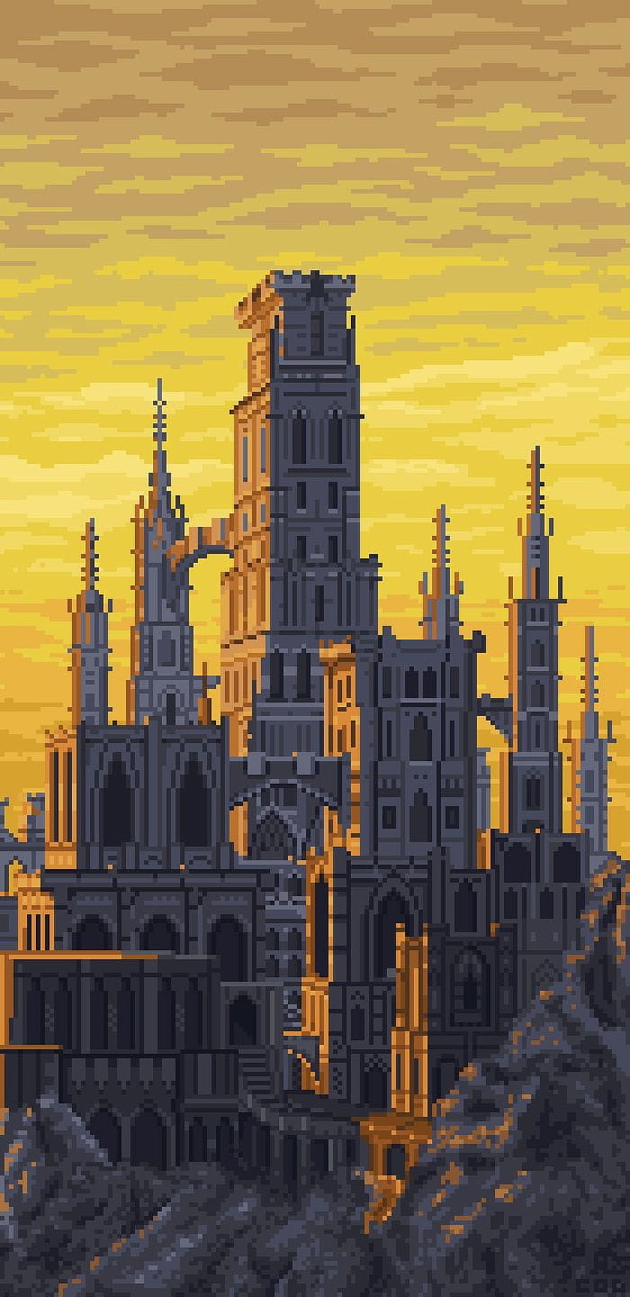 Dark Souls 2 Castle Pixel Art Wallpaper with Golden Sky and Gothic Architecture HD phone wallpaper