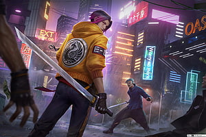 Ling from Mobile Legends in a Neon Cyberpunk City Wielding a Katana HD wallpaper