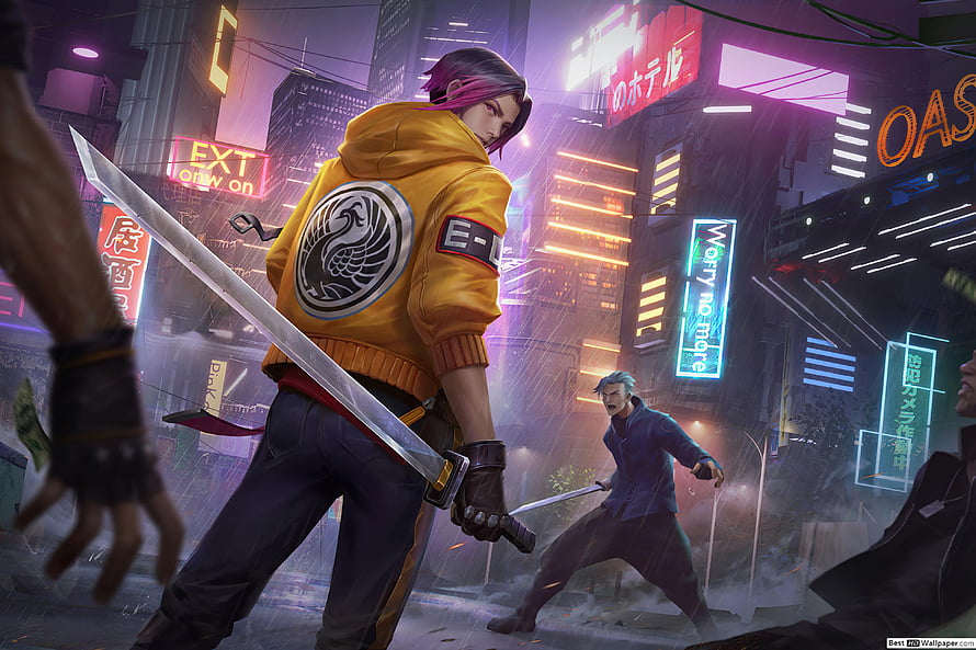 Ling from Mobile Legends in a Neon Cyberpunk City Wielding a Katana HD wallpaper