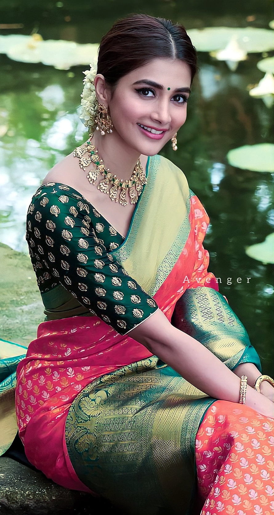Pooja Hegde in Green and Gold Silk Saree with Traditional Jewelry by a Lotus Pond HD phone wallpaper