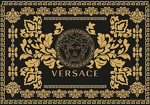 Versace Gold Medusa Logo Ornate Floral Pattern on Black Background HD wallpaper