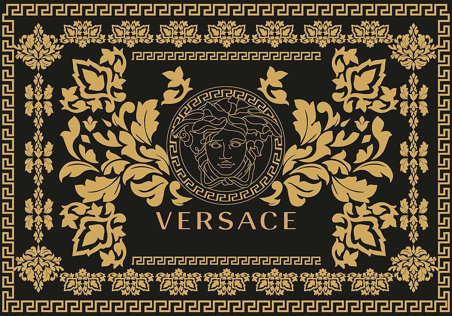Versace Gold Medusa Logo Ornate Floral Pattern on Black Background HD wallpaper