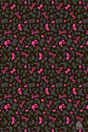 Barbie Icon Pattern Wallpaper With Pink High Heels, Bows, and Silhouettes on Black Background HD phone wallpaper