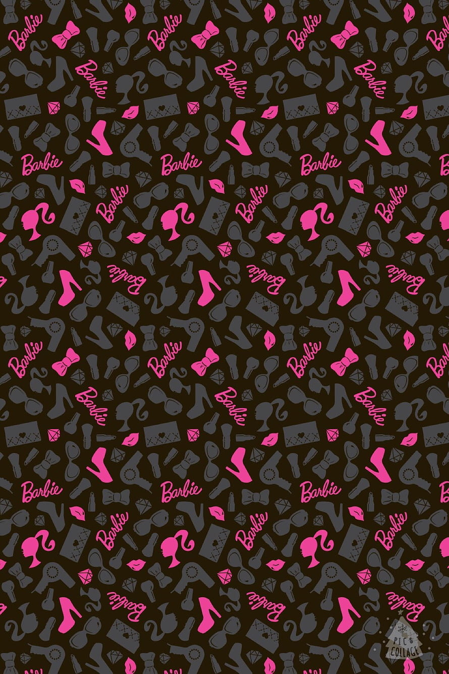 Barbie Icon Pattern Wallpaper With Pink High Heels, Bows, and Silhouettes on Black Background HD phone wallpaper
