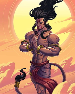 Hanuman in Meditation Pose with Golden Bangle and Mace Against a Warm Sunset Sky, Animated Hanuman , Hanuman Meditation HD phone wallpaper
