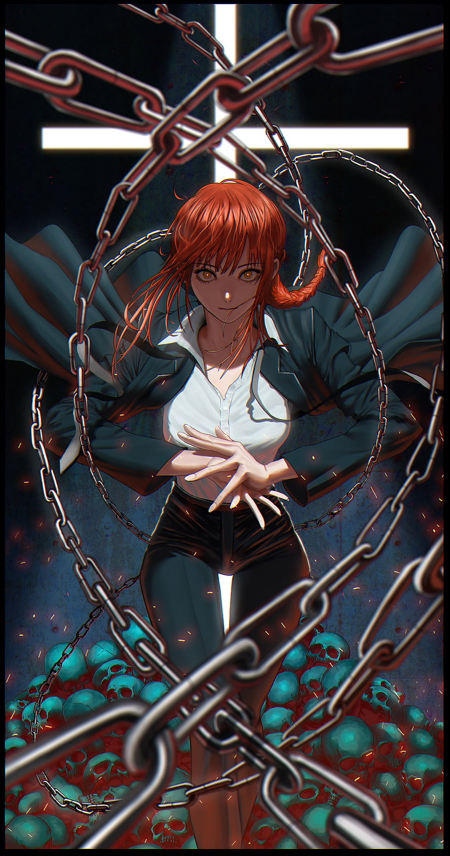 Makima from Chainsaw Man standing behind chains with a pile of skulls and a glowing cross in the background, Makima Chainsaw Man, naruto, art, goku, hair, kpop, waifu, manga, dbz, anime HD phone wallpaper