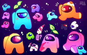 Cute Among Us Crewmate Character Collection with Space Background HD wallpaper