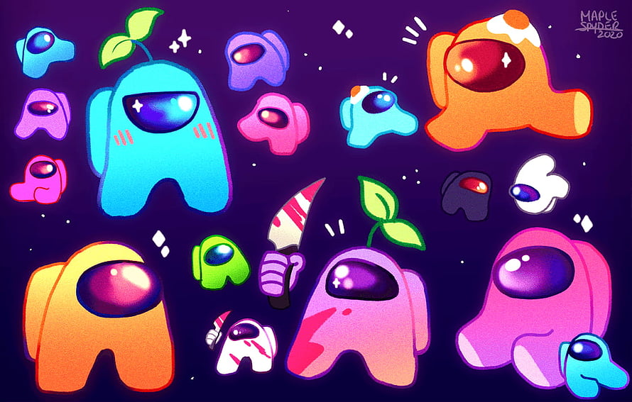 Cute Among Us Crewmate Character Collection with Space Background HD wallpaper