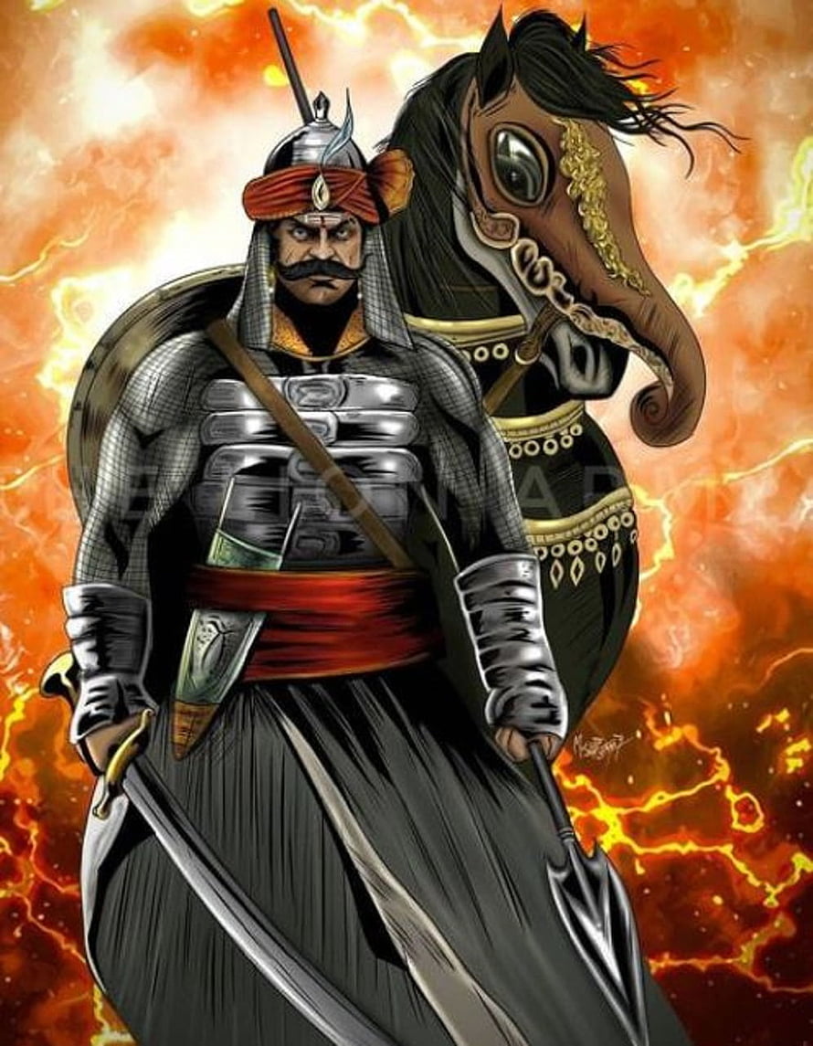 Maharana Pratap Warrior on Horseback with Sword and Shield in Dramatic Fire Background HD phone wallpaper
