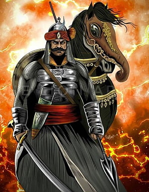Maharana Pratap Warrior on Horseback with Sword and Shield in Fiery Battle Scene HD phone wallpaper