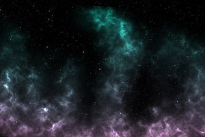 Vibrant Cosmic Nebula with Teal and Purple Gas Clouds Against a Starry Deep Space Background HD wallpaper