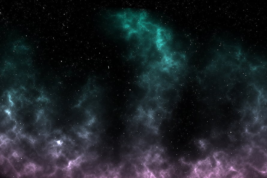 Vibrant Cosmic Nebula with Teal and Purple Gas Clouds Against a Starry Deep Space Background HD wallpaper