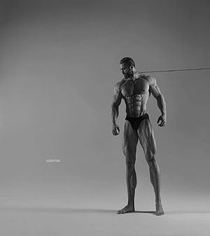 Black and white studio portrait of a muscular male bodybuilder standing in a neutral pose HD phone wallpaper