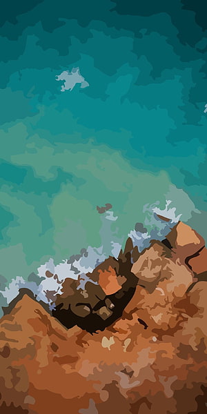Minimalist Abstract Cartoon Landscape with Rocky Terrain and Teal Sky HD phone wallpaper