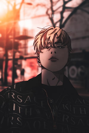 Owen Knight from Wind Breaker in a moody urban sunset portrait wearing a Versace jacket HD phone wallpaper