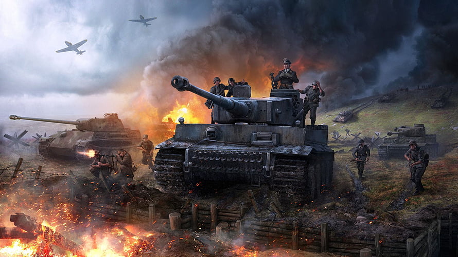 World War 2 Battlefield Scene With German Tanks And Soldiers Amid Explosions And Smoke HD wallpaper